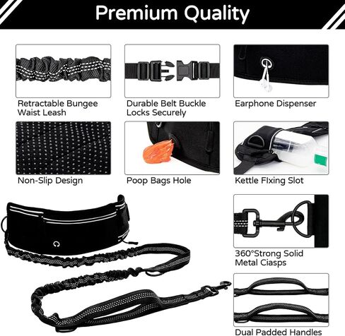 Skmeditec Hands Free Dog Leash with Waist Bag for Large Dog Walking, Shock Absorbing Bungee Leash with Zipper Pouch for Running, Dual Padded Handles & Adjustable Waist Belt in Kuwait