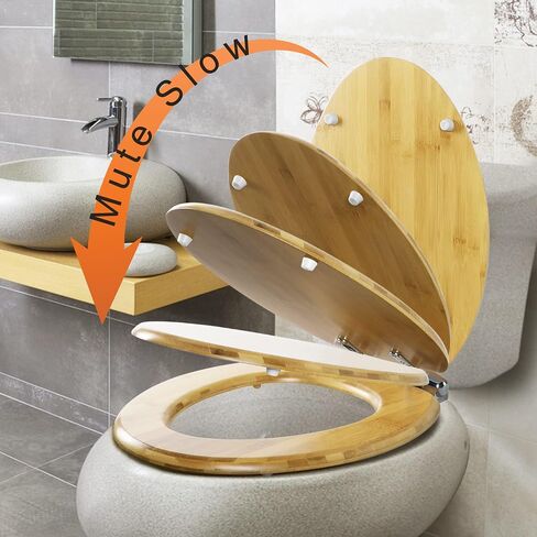 Round Bamboo Toilet Seat with Lid Quick Release Slow Close Zinc Alloy Strong Hinges Natural Bamboo, Light in Kuwait