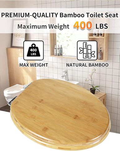 Round Bamboo Toilet Seat with Lid Quick Release Slow Close Zinc Alloy Strong Hinges Natural Bamboo, Light in Kuwait