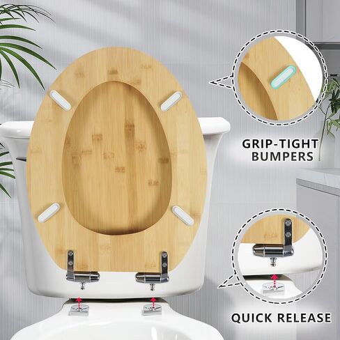 Round Bamboo Toilet Seat with Lid Quick Release Slow Close Zinc Alloy Strong Hinges Natural Bamboo, Light in Kuwait