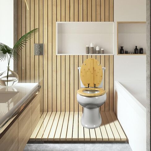 Round Bamboo Toilet Seat with Lid Quick Release Slow Close Zinc Alloy Strong Hinges Natural Bamboo, Light in Kuwait