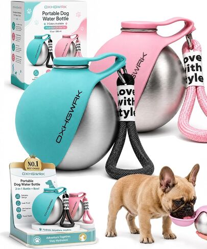 2 Pack Portable Dog Water Bottle with Bowl, 2 in 1 10oz Stainless Steel Travel Water Bottle for Dogs, Foldable Silicone Bowl, Leak-Proof Water Dispenser for Walking Hiking in Kuwait