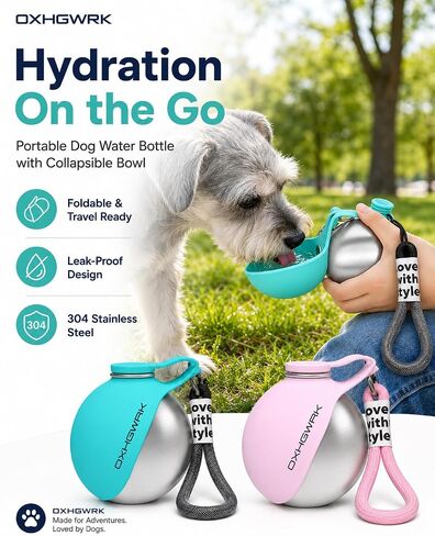2 Pack Portable Dog Water Bottle with Bowl, 2 in 1 10oz Stainless Steel Travel Water Bottle for Dogs, Foldable Silicone Bowl, Leak-Proof Water Dispenser for Walking Hiking in Kuwait