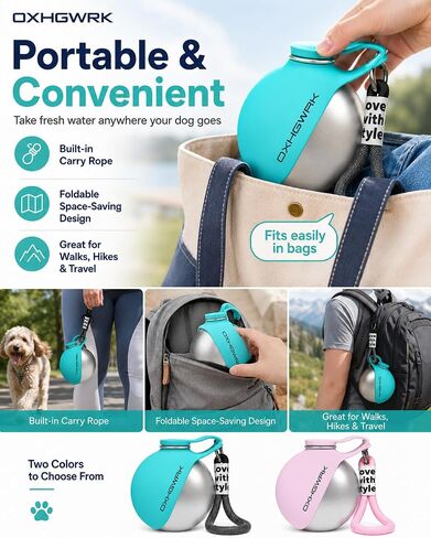 2 Pack Portable Dog Water Bottle with Bowl, 2 in 1 10oz Stainless Steel Travel Water Bottle for Dogs, Foldable Silicone Bowl, Leak-Proof Water Dispenser for Walking Hiking in Kuwait