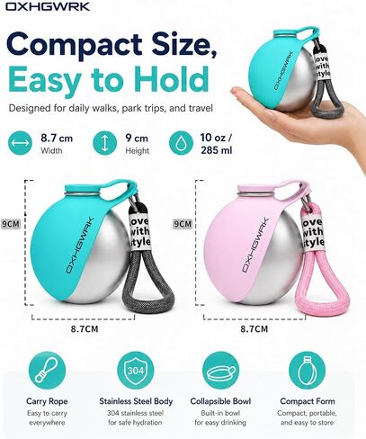 2 Pack Portable Dog Water Bottle with Bowl, 2 in 1 10oz Stainless Steel Travel Water Bottle for Dogs, Foldable Silicone Bowl, Leak-Proof Water Dispenser for Walking Hiking in Kuwait