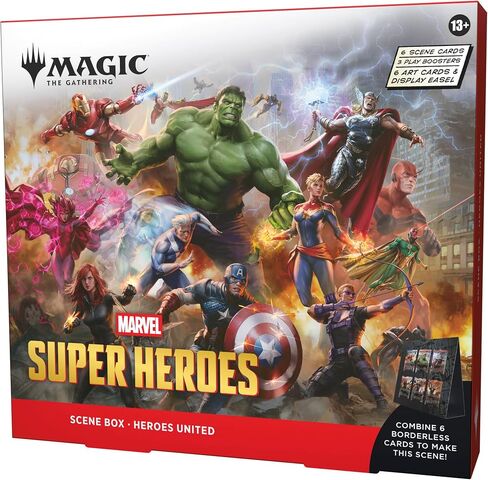 Magic: The Gathering | Marvel Super Heroes Scene Box - Heroes United | 6 Foil Borderless Scene Cards, 6 Art Cards, 3 Play Boosters + Display Easel in Kuwait