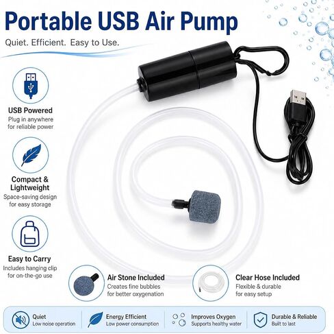 USB Powered Aquarium Air Pump, Portable Fish Tank Oxygen Pump with Air Stone, Black and White, Quiet Operation in Kuwait