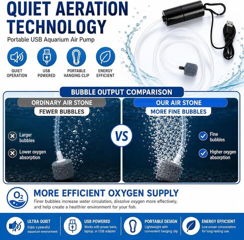 USB Powered Aquarium Air Pump, Portable Fish Tank Oxygen Pump with Air Stone, Black and White, Quiet Operation in Kuwait