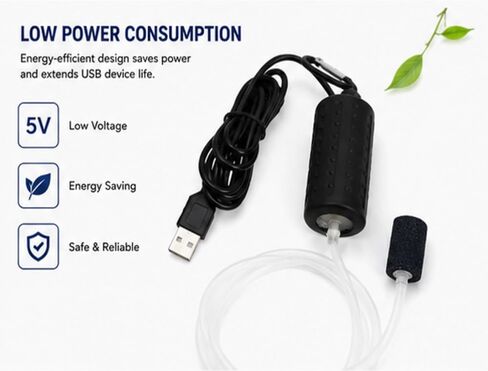 USB Powered Aquarium Air Pump, Portable Fish Tank Oxygen Pump with Air Stone, Black and White, Quiet Operation in Kuwait
