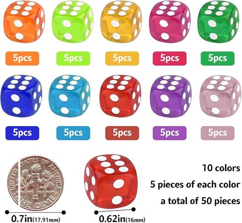 50 Pieces Dice Set 6 Sided 10 Colours Spot Dices with Box 16mm Round Corner in Kuwait