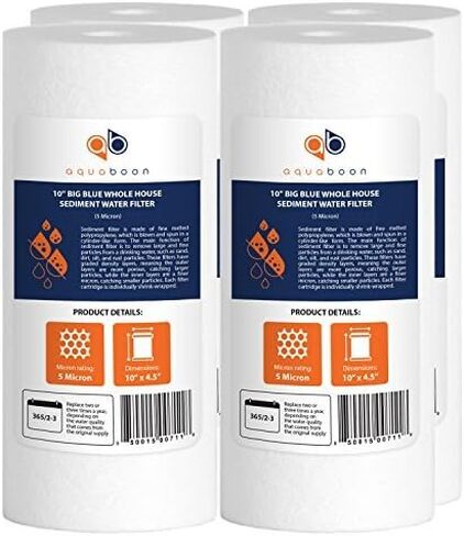 Aquaboon 6-Pack of 5 Micron 10" x 4.5" Sediment Water Filter Replacement Cartridge | Whole House Sediment Filtration | Compatible with W15-PR, HD-950, WFHD13001B, GXWH35F, GXWH30C, HF45-10BLBK10PR in Kuwait
