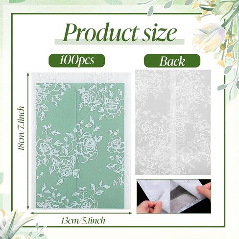 KongTiva 100 Pcs Vellum Jackets for 5x7 Invitations, Pre-Folded Paper Envelope Inserts, White Flower Wedding Invitation Accessories Kit Transparent Sleeves for Bridal Shower Envelope Inserts Liners in Kuwait