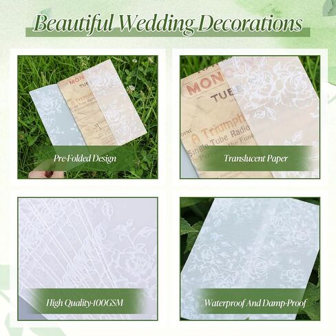 KongTiva 100 Pcs Vellum Jackets for 5x7 Invitations, Pre-Folded Paper Envelope Inserts, White Flower Wedding Invitation Accessories Kit Transparent Sleeves for Bridal Shower Envelope Inserts Liners in Kuwait