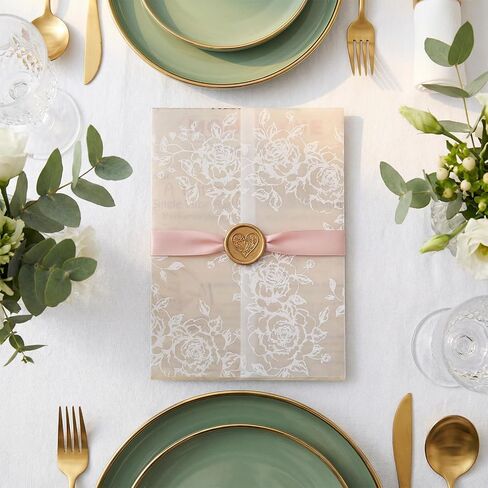KongTiva 100 Pcs Vellum Jackets for 5x7 Invitations, Pre-Folded Paper Envelope Inserts, White Flower Wedding Invitation Accessories Kit Transparent Sleeves for Bridal Shower Envelope Inserts Liners in Kuwait