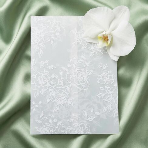 KongTiva 100 Pcs Vellum Jackets for 5x7 Invitations, Pre-Folded Paper Envelope Inserts, White Flower Wedding Invitation Accessories Kit Transparent Sleeves for Bridal Shower Envelope Inserts Liners in Kuwait