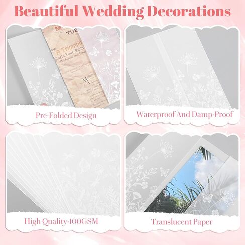 KongTiva 100 Pack Vellum Jackets for 5x7 Invitations, Pre-Folded Vellum Paper Translucent Wedding Invitation Accessories Kit Envelope Inserts Liners for Bridal Shower Birthday Mother (Wildflower) in Kuwait