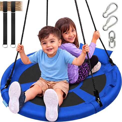 SereneLife 40" Saucer Swing - Outdoor Swing Set with Universal Hanging Kit, Swinging Seat Spinner with Pillow & Carry Bag, Weatherproof, Water-Resistant, Supports Up to 700 lbs, Blue in Kuwait