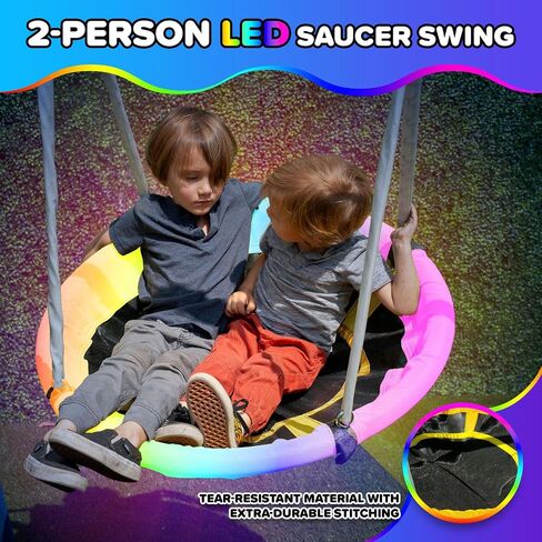 Sportspower Supernova Metal Swing Set with Basketball Hoop – Nighttime Outdoor Playset for Kids with LED Swings, LED Saucer Swing, on 5ft LED Slide, Anchor Kit Included in Kuwait