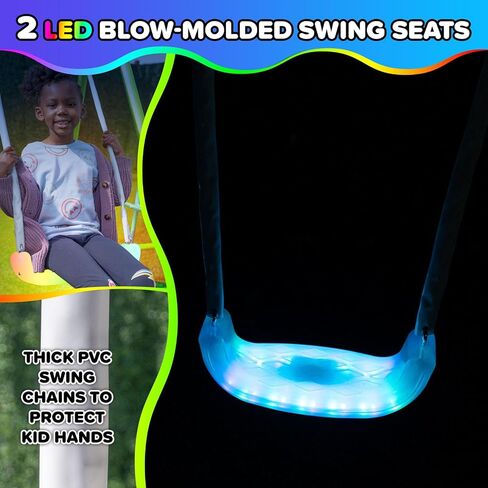 Sportspower Supernova Metal Swing Set with Basketball Hoop – Nighttime Outdoor Playset for Kids with LED Swings, LED Saucer Swing, on 5ft LED Slide, Anchor Kit Included in Kuwait