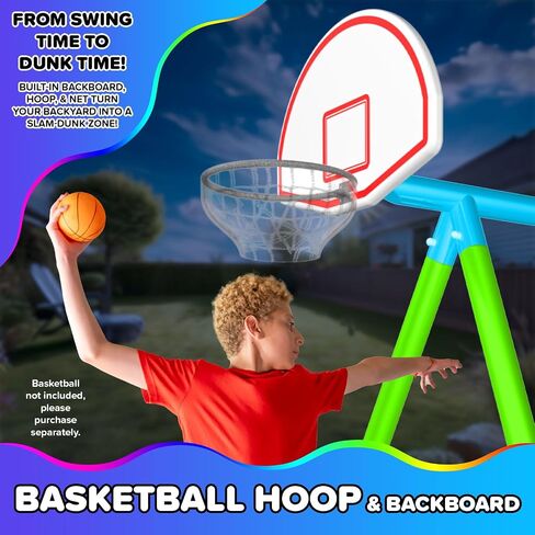 Sportspower Supernova Metal Swing Set with Basketball Hoop – Nighttime Outdoor Playset for Kids with LED Swings, LED Saucer Swing, on 5ft LED Slide, Anchor Kit Included in Kuwait