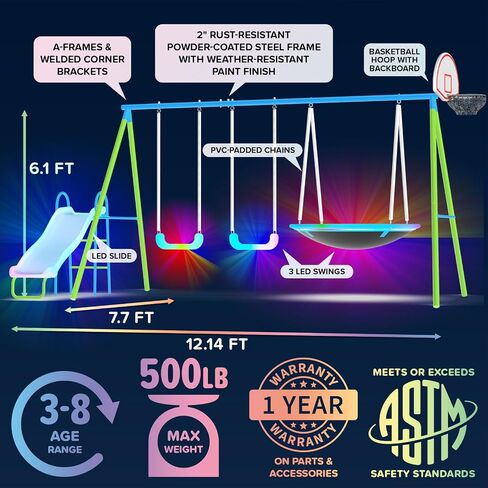 Sportspower Supernova Metal Swing Set with Basketball Hoop – Nighttime Outdoor Playset for Kids with LED Swings, LED Saucer Swing, on 5ft LED Slide, Anchor Kit Included in Kuwait