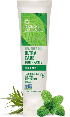 Desert Essence Tea Tree Oil Ultra Care Toothpaste 6.5 oz - Non-GMO, Gluten Free, Vegan, Cruelty Free, Fluoride Free - Pure Australian Tea Tree Oil, Baking Soda & Chamomile, Fights Bacteria & Plaque in Kuwait