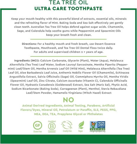 Desert Essence Tea Tree Oil Ultra Care Toothpaste 6.5 oz - Non-GMO, Gluten Free, Vegan, Cruelty Free, Fluoride Free - Pure Australian Tea Tree Oil, Baking Soda & Chamomile, Fights Bacteria & Plaque in Kuwait