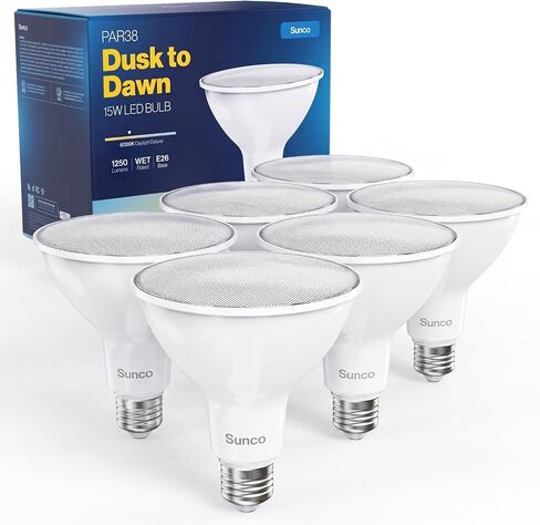 Sunco 6 عبوات من مصابيح LED الخارجية، لمبة LED PAR38 مقاومة للماء بقدرة 1250 لومن، من الغسق إلى الفجر، 120 وات مكافئة 15 وات، خارجي، مصنف للرطب، 6000 كلفن ضوء النهار ديلوكس، قاعدة E26، UL in Kuwait