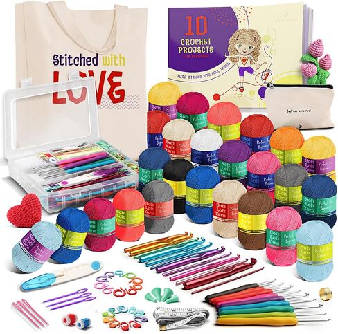 Hearth & Harbor Crochet Kit with 1500 Yards Assorted Yarn Kit, Ergonomic Hooks, Crocheting Instruction, Knitting & Crochet Supplies - Beginner Crochet Kits for Adults, Ideal for Amigurumi in Kuwait