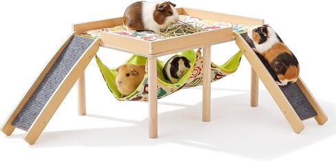 Wooden Guinea Pig Hideout with Hammock Stairs, Safe Small Pet Bed for Bunny in Saudi Arabia