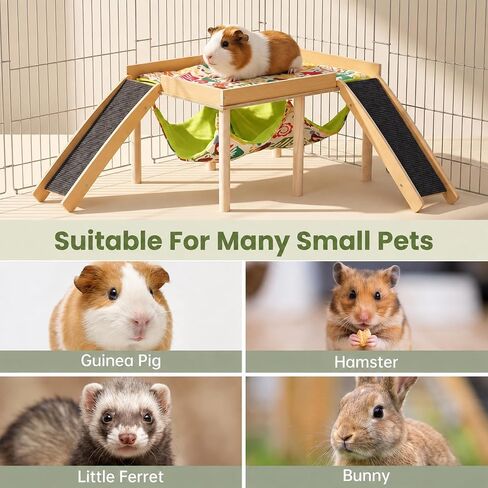 Wooden Guinea Pig Hideout with Hammock Stairs, Safe Small Pet Bed for Bunny in Saudi Arabia