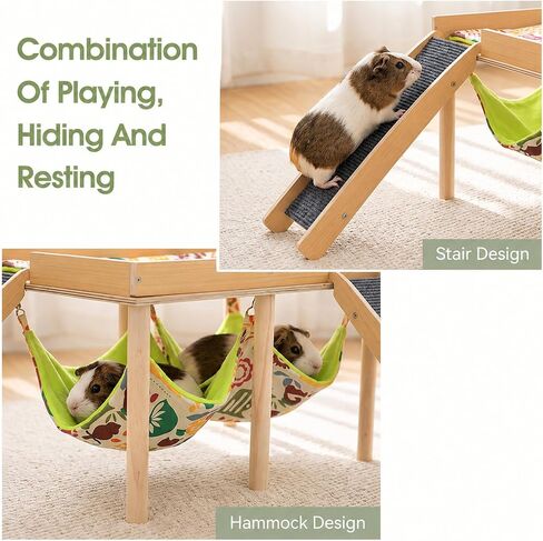 Wooden Guinea Pig Hideout with Hammock Stairs, Safe Small Pet Bed for Bunny in Saudi Arabia