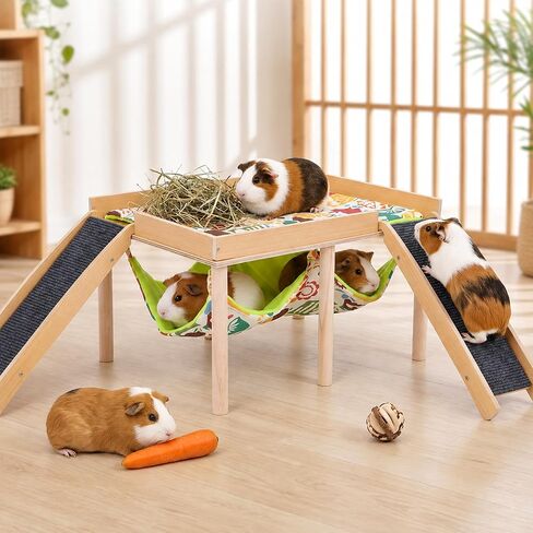 Wooden Guinea Pig Hideout with Hammock Stairs, Safe Small Pet Bed for Bunny in Saudi Arabia