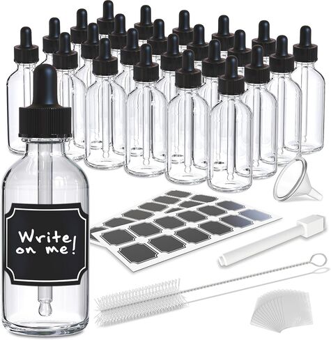 Nevlers 24 PK Clear Glass Dropper Bottle 2oz |The Essential Oil Dropper Bottle Includes Droppers for Oils, Funnel, Brush, & Marker with Labels |Leakproof Tincture Bottles with Dropper in Kuwait