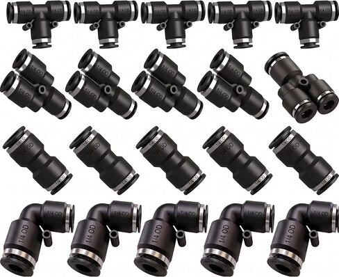 1/4 Push To Connect Fittings Air Line Quick Connect Fittings Kit 5 Splitters 5 Air Elbow 5 Airline Tee 5 Straight Union Tube Fittings Push Fitting (20 Pcs1/4") in Kuwait