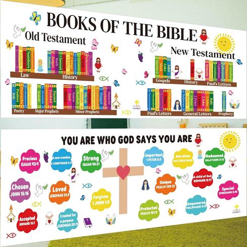 2 Pcs Christian Sunday School Banners 48x17 In Ten Commandments Books of the Bible Banner Religious Christian Scripture for Sunday School (Book of Bible) in Kuwait