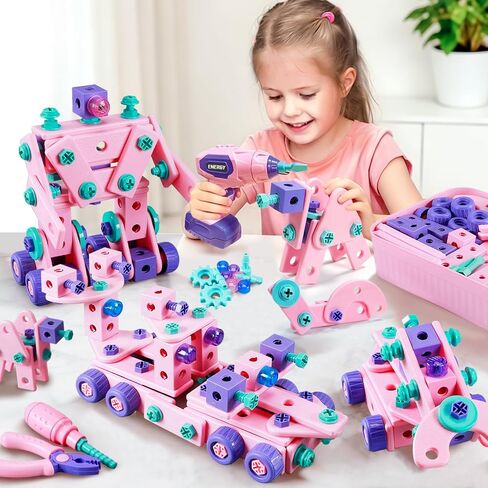 Design and Drill Toy - Children Tool Set with Drill & Toolbox, Create And Design Drill Kit Stem Toys for Kids Ages 3-6, Toddler Building Educational Construction Toy for 3-6 Year Old Girl (PINK) in Kuwait
