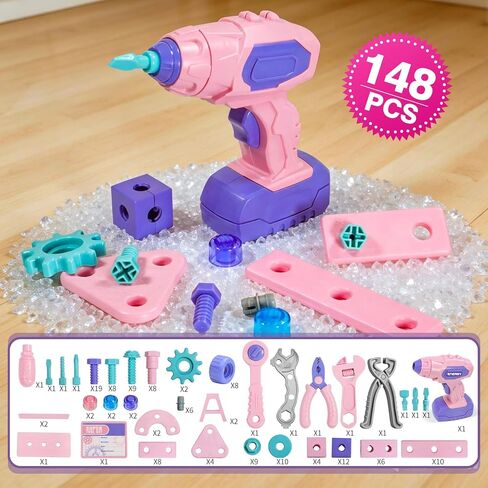 Design and Drill Toy - Children Tool Set with Drill & Toolbox, Create And Design Drill Kit Stem Toys for Kids Ages 3-6, Toddler Building Educational Construction Toy for 3-6 Year Old Girl (PINK) in Kuwait