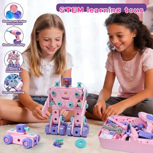 Design and Drill Toy - Children Tool Set with Drill & Toolbox, Create And Design Drill Kit Stem Toys for Kids Ages 3-6, Toddler Building Educational Construction Toy for 3-6 Year Old Girl (PINK) in Kuwait