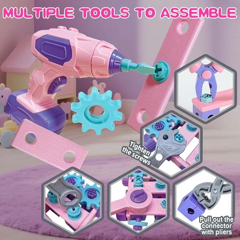 Design and Drill Toy - Children Tool Set with Drill & Toolbox, Create And Design Drill Kit Stem Toys for Kids Ages 3-6, Toddler Building Educational Construction Toy for 3-6 Year Old Girl (PINK) in Kuwait