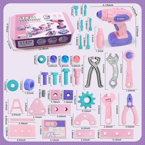 Design and Drill Toy - Children Tool Set with Drill & Toolbox, Create And Design Drill Kit Stem Toys for Kids Ages 3-6, Toddler Building Educational Construction Toy for 3-6 Year Old Girl (PINK) in Kuwait
