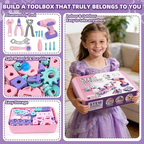 Design and Drill Toy - Children Tool Set with Drill & Toolbox, Create And Design Drill Kit Stem Toys for Kids Ages 3-6, Toddler Building Educational Construction Toy for 3-6 Year Old Girl (PINK) in Kuwait