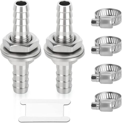 TAISHER 1PCS 304 Stainless Steel 90 Degree Hose Barb Thru-Bulk Bulkhead Fitting 5/16" to 5/16" Barb, Straight Hex Union Fitting for Air Water Fuel with 2PCS Hose Clamp in Kuwait