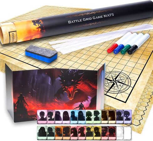 TIDYBOSS Large DND Map with DM Screen and 50 Pieces Initiative Tracker | Double-Sided with Grids & Hexes Map | DND Starter Kit & Warhammer Terrain | Accessories Included in Saudi Arabia