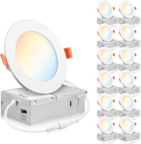 PARMIDA (16 Pack) 4 Inch 5CCT Ultra-Thin LED Recessed Lighting with Junction Box, 2700K/3000K/3500K/4000K/5000K 5 Color Selectable, 9W, Dimmable, Canless Wafer Slim Panel Lights, IC Rated, ETL in Kuwait