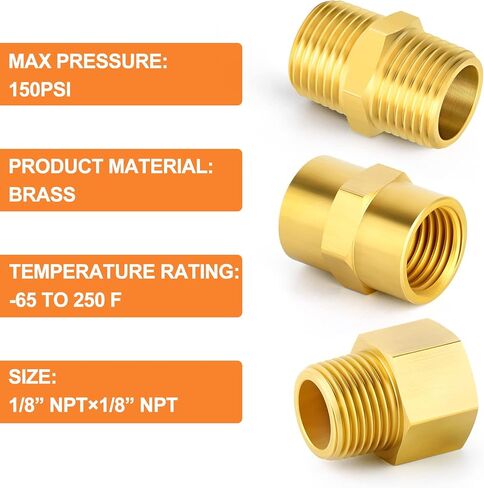 GASHER 15PCS Brass Pipe Fitting, Hex Nipple Brass Tone, Hex Nipple 1/4 Inch NPT in Kuwait