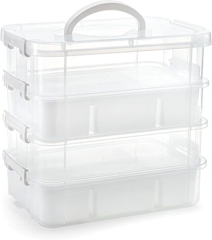 Foraineam 4-Tier Clear Storage Bins With 2 Divided Trays, Stackable Carry Storage Box Container, Plastic Lidded Organizer Case With Handle for Beads, Tools, Arts & Crafts, Sewing, Office Supplies in Kuwait
