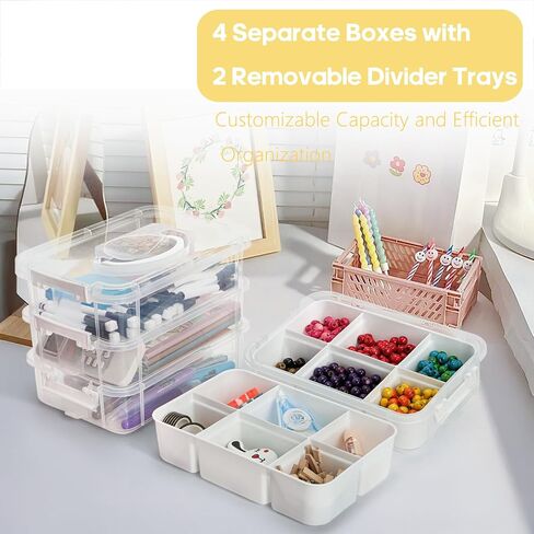 Foraineam 4-Tier Clear Storage Bins With 2 Divided Trays, Stackable Carry Storage Box Container, Plastic Lidded Organizer Case With Handle for Beads, Tools, Arts & Crafts, Sewing, Office Supplies in Kuwait
