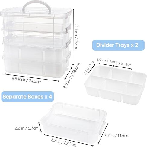 Foraineam 4-Tier Clear Storage Bins With 2 Divided Trays, Stackable Carry Storage Box Container, Plastic Lidded Organizer Case With Handle for Beads, Tools, Arts & Crafts, Sewing, Office Supplies in Kuwait