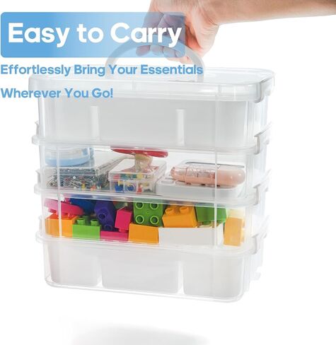 Foraineam 4-Tier Clear Storage Bins With 2 Divided Trays, Stackable Carry Storage Box Container, Plastic Lidded Organizer Case With Handle for Beads, Tools, Arts & Crafts, Sewing, Office Supplies in Kuwait